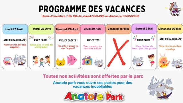 🎉 Les vacances s’annoncent riches en couleurs et en émotions à Anatole Park  !
Boom party pour danser et se défouler 💃
Atelier maquillage pour se transformer 🎨
Initiation origami pour créer et imaginer 🧩
Et rencontres magiques avec les mascottes 📸

👉 Un programme complet pour faire briller les yeux des enfants… et offrir de beaux moments en famille ✨

#enfantsheureux #famille #castrestourisme #castres #castresmaville #parcindoorenfants #fun #Ambiance