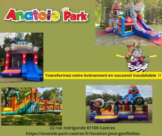 Créez une ambiance magique et festive avec nos structures gonflables pour tous vos événements ! ✨
Mariage, anniversaire, fête privée... Offrez à vos invités un moment unique !!!🎉
Faites plaisir aux petits comme aux grands !!

Anatole Park
22 rue Mérigonde 
81100 Castres
06 03 13 73 20
https://anatole-park-castres.fr/location-jeux-gonflables

#StructureGonflable #LocationEvenement #Mariage #Anniversaire #EvenementPrive #AnimationEvenement #Fete #PartyTime #FunGaranti #Mariage2026 #AnniversaireEnfant #Evenementiel #LocationChateauGonflable #AmbianceFestive #KidsParty #BabyShower #Bapteme #SoireePrivee #WeddingParty #EventPlanner #castre